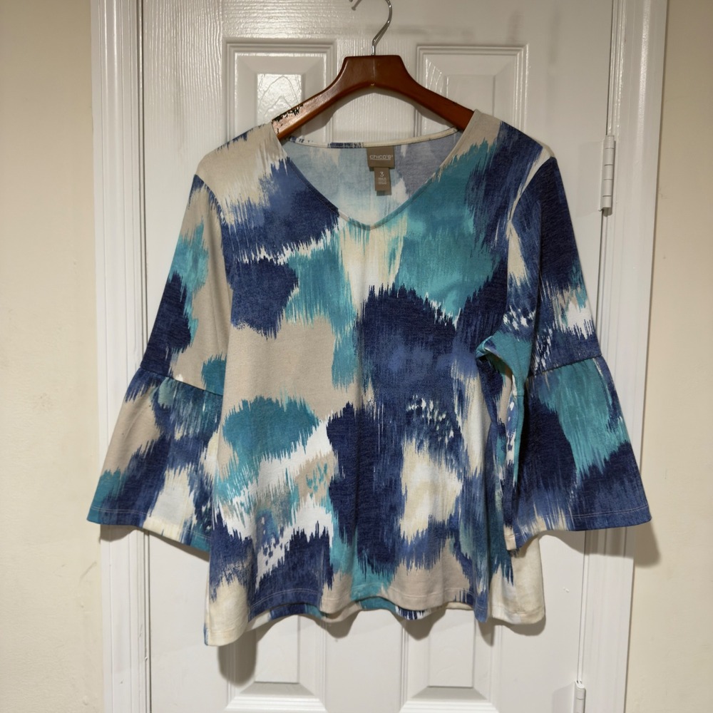 Chico's Size‎ 3 Blue Abstract Print Bell Sleeve Top Stretch XL